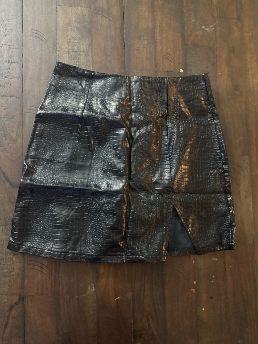 Black Faux Croc Mini Skirt with Front Slit